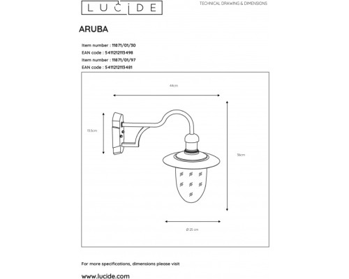 Настенный фонарь уличный Aruba 11871/01/30 Lucide