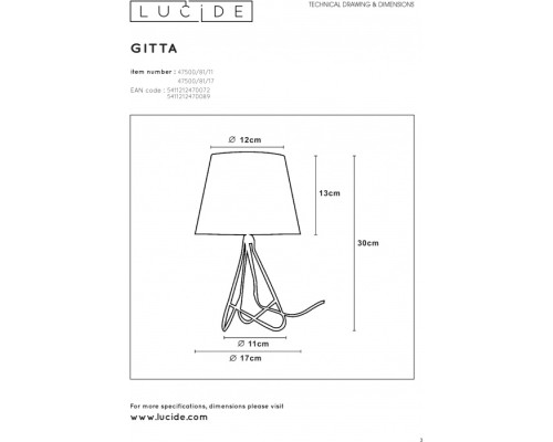 Интерьерная настольная лампа Gitta 47500/81/17 Lucide Интерьерная настольная лампа Gitta 47500/81/17 Lucide