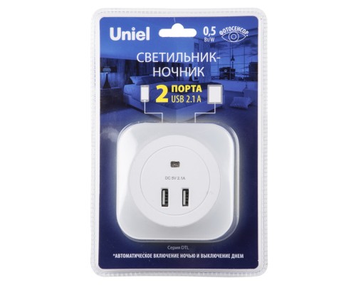 Ночник  DTL-321 White/Sensor/2USB Uniel