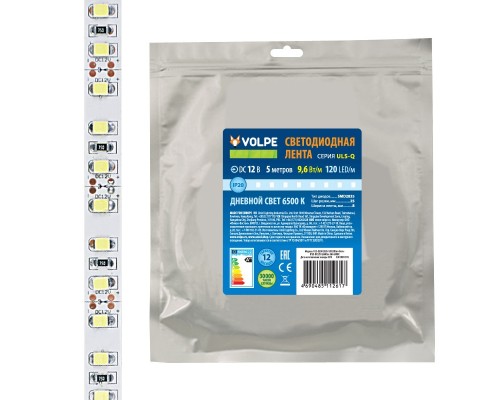 Светодиодная лента ULS-Q330 2835-120LED/m-8mm-IP20-DC12V-9,6W/m-5M-6500K катушка в герметичной упаковке Volpe Светодиодная лента ULS-Q330 2835-120LED/m-8mm-IP20-DC12V-9,6W/m-5M-6500K катушка в герметичной упаковке Volpe