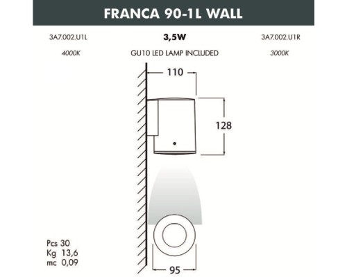Архитектурная подсветка Franca 90 3A7.002.000.AXU1L Fumagalli